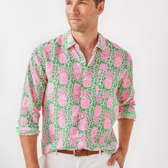 Lilly Pulitzer Men's Stuff Addison Linen Shirt Fauna Green Party Like Pineapple